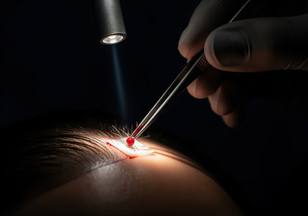 Close up view of a medical professional performing a hair transplantation procedure. tweezers are used to place a tiny hair graft onto the scalp, highlighted by surgical light, showing a small bead of blood.の素材
