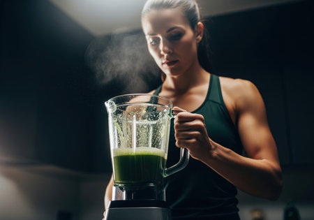 Focused athletic woman in a dark kitchen preparing a healthy green detox smoothie using a powerful blender. emphasizes fitness, nutrition, and healthy lifestyle preparation.の素材
