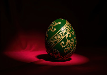 Luxurious dark green decorative egg featuring intricate gold baroque ornamentation, dramatically lit on a red surface against a dark, low key background. symbolizes wealth, easter, and royalty.の素材