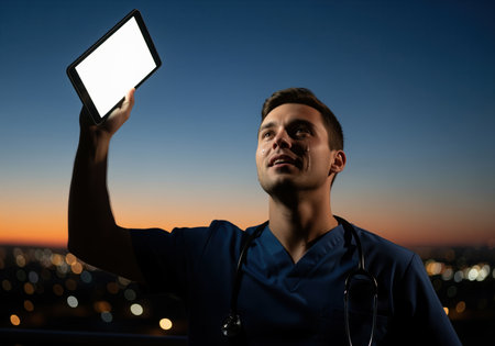 Dedicated male doctor in scrubs holding a glowing digital tablet high above his head against a dramatic twilight sky and blurred city lights. represents success, hope, and technology in medicine.の素材