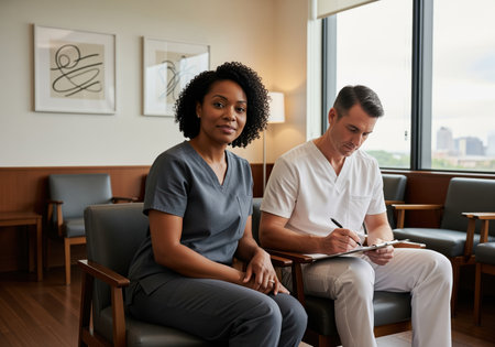 Two diverse medical professionals, a woman in grey scrubs and a man in white scrubs, sit in a modern hospital waiting room. the woman looks forward while the man writes on a clipboard.の素材