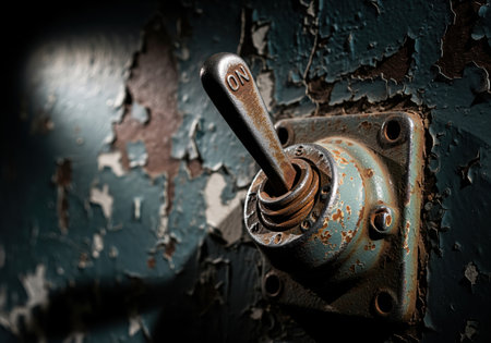 Rusted industrial toggle switch in the ON position, dramatically lit against a dark, peeling painted wall. represents power, activation, danger, and vintage machinery.の素材