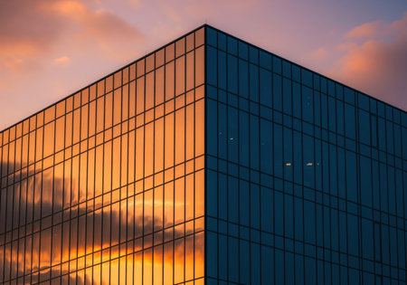 Contemporary glass office building facade reflecting the dramatic orange and pink colors of the sunset sky during the golden hour. architectural detail and urban environment.の素材