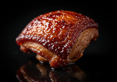 Roasted chicken skin or thigh piece, intensely glazed with a dark, sticky, caramelized sauce, highlighted against a dramatic black background. studio food photography.の素材