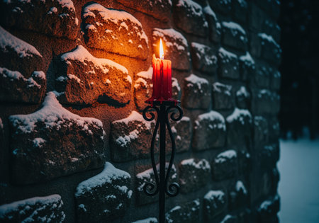 A single red candle burns brightly on a decorative black iron candlestick, casting a warm glow onto a rough stone wall dusted with snow in a dark, cold winter setting.の素材