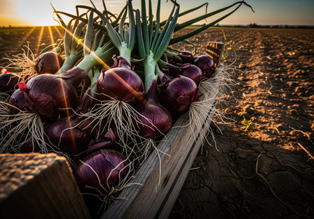 Freshly harvested red onions with roots and green stalks packed in a rustic wooden crate on a dry farm field during golden hour sunset. agriculture and organic food concept.の素材