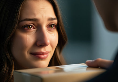 Close up of a young woman crying tears of relief and joy while receiving a small cardboard delivery package. intense emotional moment showing gratitude and overwhelming feeling.の素材