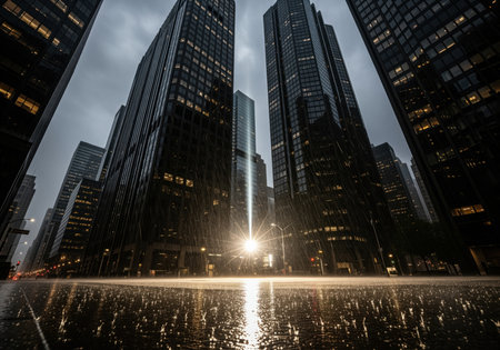 Towering dark skyscrapers loom over a wet city street during a heavy downpour, captured from a low angle perspective. intense reflections of streetlights and building windows create a dramatic, moody urban scene.の素材