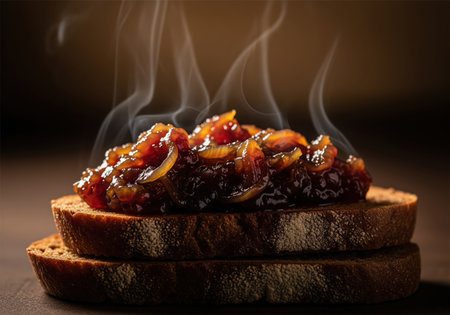Steaming, thick caramelized onion jam resting on two stacked slices of toasted dark rye bread. the rich, glossy texture of the jam contrasts with the dark, moody, low key lighting, emphasizing gourmet flavor and warmth.の素材