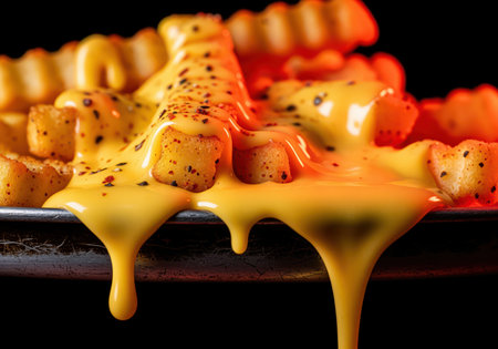 Highly seasoned, crinkle cut french fries submerged under a river of molten, glossy, neon yellow nacho cheese sauce, dripping dramatically over the edge on a dark background. indulgent fast food concept.の素材