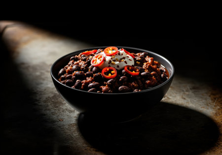 Black bean chili served in a dark bowl, garnished with sour cream, red chili pepper slices, and seasoning. dramatic low key studio lighting emphasizes the rich texture and color of the spicy comfort food.の素材