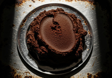 Dark brown, thick mole paste piled on a rustic metal plate, captured with intense, dramatic lighting. focus on rich texture, gourmet food, and mexican cuisine concepts.の素材