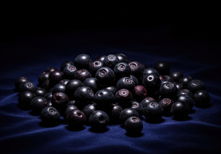 Cluster of fresh, intensely dark wild blueberries resting on a luxurious blue textile, photographed in a moody, high contrast, low key studio setting.の素材