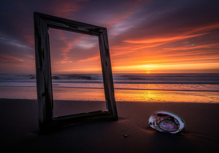 Weathered wooden frame standing on a dark sand beach next to a vibrant abalone shell, capturing a dramatic ocean sunset with orange and purple clouds. reflection of the sky on the wet sand.の素材