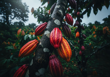 Colorful red and orange cacao pods attached directly to the trunk of a tree in a dark, humid tropical rainforest plantation. raw material for chocolate production and harvest.の素材