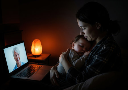 Young woman cradling her sleeping infant in a dark room, illuminated by a laptop screen displaying a video call with an older smiling woman, emphasizing family connection and long distance communication late at night.の素材
