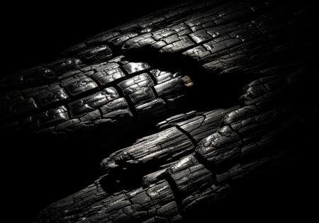 Deeply charred wood texture captured in a dramatic low key setting. the surface is black, cracked, and glossy, highlighting the severe damage and structural decay of the charcoal log.の素材