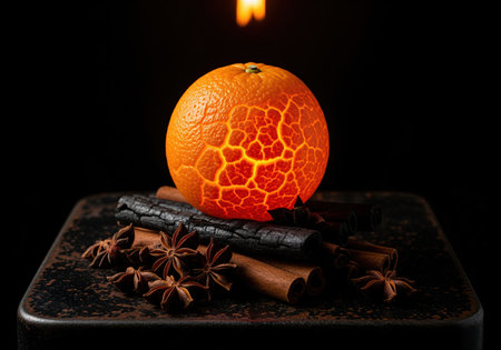 Intensely glowing orange fruit with a cracked, fiery texture, dramatically illuminated against a black background, resting on a dark surface with cinnamon sticks and star anise spices.の素材