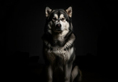 Imposing alaskan malamute dog sitting centered in a dramatic low key studio portrait. the powerful animal has thick fur and an intense gaze, highlighted against the deep black background.の素材
