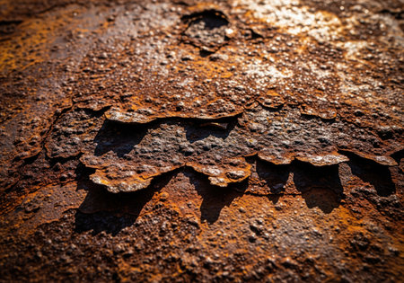 Deeply corroded industrial metal surface showing intense rust, flaking layers, and rough texture. rich brown and orange tones signify decay and aging.の素材