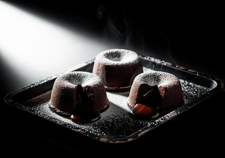 Three steaming chocolate lava cakes dusted with powdered sugar, featuring molten chocolate oozing onto a dark metal tray. dramatic low key lighting emphasizes the rich dessert.の素材