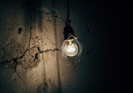 Single glowing incandescent bulb hanging from a frayed wire socket, casting dramatic light and shadow on a rough, cracked, dark concrete wall, symbolizing decay and danger.の素材