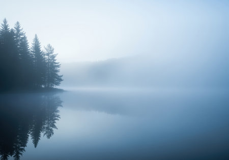 Tranquil lake reflecting a dark line of evergreen trees on the shore, enveloped in dense, cold blue morning fog. the still water acts as a perfect mirror, creating a mysterious and serene natural landscape.の素材