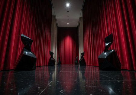 Abstract black geometric sculptures positioned symmetrically in a dramatic, luxurious corridor. the scene is framed by voluminous red velvet curtains and a highly reflective black marble floor.の素材