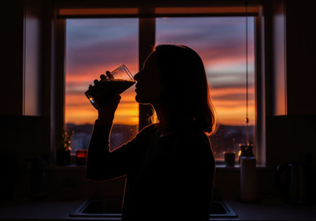 Silhouette of a woman drinking a beverage from a glass in a kitchen setting. dramatic backlighting from a window reveals a vibrant orange and purple sunset sky at dusk.の素材