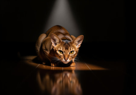 Abyssinian cat with a ruddy coat crouched low in a stalking position, illuminated by a sharp spotlight against a dark background. the cat intense yellow eyes stare forward, reflected on the polished wooden floor.の素材