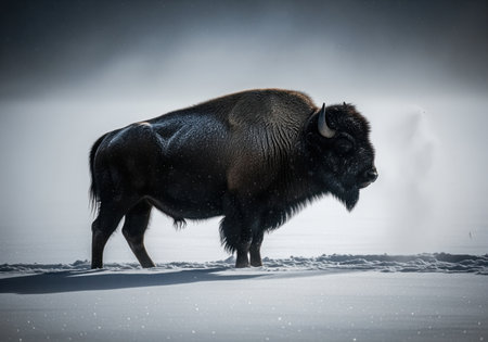 Massive american bison standing in profile view amidst a heavy winter blizzard. the dark, powerful animal contrasts sharply with the bright, misty snow, symbolizing survival and resilience in the extreme cold.の素材