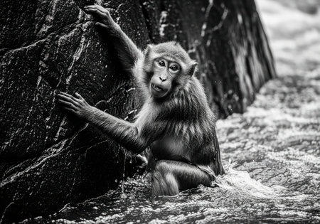 Wild monkey gripping a dark, wet rock face, partially submerged in fast flowing river water. dramatic black and white wildlife portrait emphasizing survival and nature.の素材