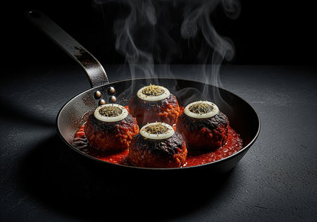 Four large, rustic meatballs simmering in a rich, red tomato and chili sauce, topped with onion and dried herbs, served steaming hot in a dark cast iron skillet. low key food photography emphasizing flavor and warmth.の素材