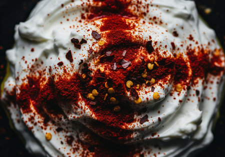 Swirls of thick white dairy product, possibly yogurt or sour cream, generously seasoned with vibrant red chili powder and crushed flakes, highlighting spicy flavor and texture.の素材