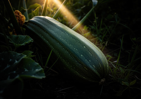 Fresh dark green zucchini growing in the garden, dramatically illuminated by a golden sun ray against a backdrop of deep shadows and foliage.の素材
