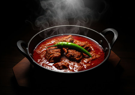 Rich, steaming spicy mutton curry served in a black karahi bowl, featuring deep red sauce and meat chunks, garnished with a fresh green chili, presented dramatically on a dark background.の素材
