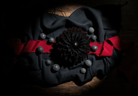 Black dahlia flower centered on draped black fabric, accented by a strip of frayed red silk ribbon and several dark, porous lava stone beads. high contrast, dramatic low key lighting emphasizes a gothic or moody aesthetic.の素材