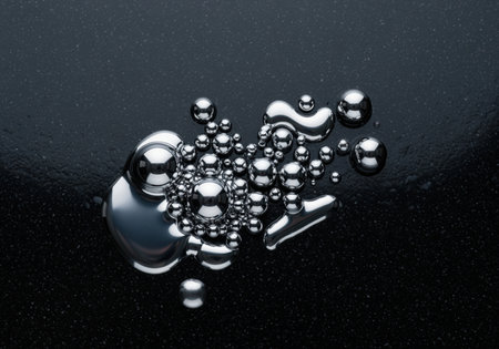 Liquid mercury spheres and droplets clustered on a smooth, reflective black surface. metallic silver element exhibiting high surface tension and toxicity, used in chemistry and science.の素材