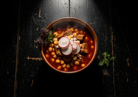 Steaming bowl of traditional mexican red posole stew, featuring hominy, chunks of meat, and garnished with sliced radish and diced onion, presented on a dark wooden table.の素材