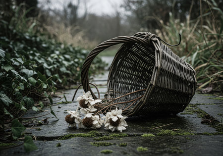 Woven wicker basket lying on its side on a damp, mossy stone path, spilling dried white flowers. overgrown ivy and foliage create a moody, abandoned garden scene, symbolizing loss and neglect.の素材