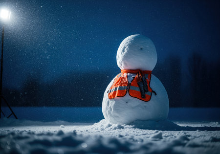 Large snowman wearing an orange reflective safety vest illuminated by a bright spotlight during a heavy winter snowstorm at night. represents winter safety and construction themes.の素材