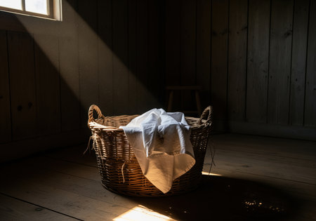 Wicker laundry basket sitting on a wooden floor in a dark, rustic room. a beam of sunlight shines through a window, dramatically illuminating the crumpled white cloth inside, emphasizing vintage chores and simplicity.の素材