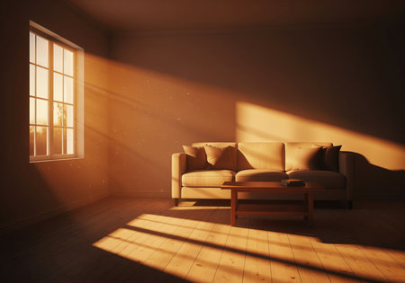 Empty living room featuring a beige sofa and wooden coffee table. warm, dramatic golden hour sunlight streams through the window, casting long shadows across the wooden floor, creating a cozy and peaceful atmosphere.の素材