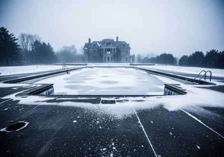 Derelict outdoor swimming pool frozen solid and covered in fresh snow, set against the backdrop of a large, abandoned historic mansion during a heavy winter storm.の素材