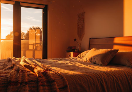 Cozy modern bedroom interior illuminated by intense, warm orange light during the golden hour. sunlight streams through the glass door, highlighting the bed, pillows, and wooden furniture.の素材