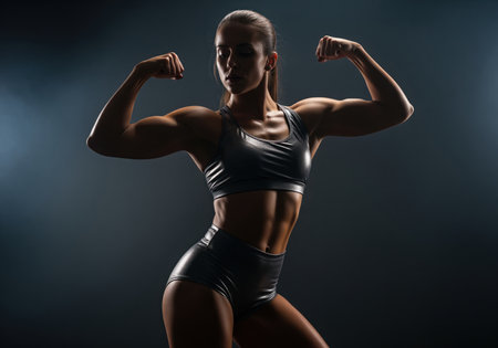 Muscular woman athlete flexing strong biceps and sculpted abdominal muscles. dramatic low key studio portrait emphasizing power, fitness, strength, and determination.の素材