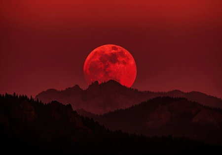 Brilliant, oversized blood red moon sinking low over a strongly silhouetted, jagged ridge of dark mountains and forested peaks. dramatic, mysterious, and apocalyptic atmosphere.の素材