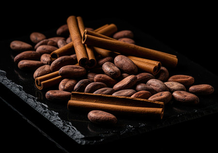Raw cocoa beans and cinnamon sticks piled on a rough, dark slate surface, emphasizing rich texture and moody lighting against a black background. perfect for gourmet food concepts.の素材