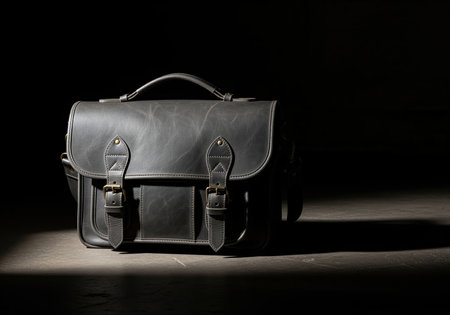 Robust dark grey leather satchel bag featuring metallic buckles and a handle, dramatically highlighted by low key studio lighting against a dark surface. high quality vintage style accessory.の素材