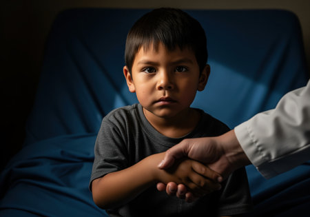Young indigenous boy with a serious expression shaking hands with a professional wearing a white coat. low key lighting emphasizes trust and determination.の素材